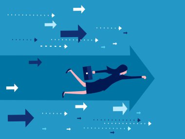 İş kadını ok yönünde ileriyi göstererek uçar. iş ilerleme vektörü