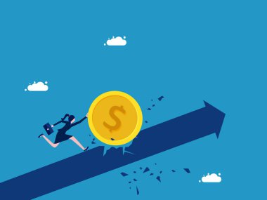 Para sıkıntısı sorunu. İş kadını düşen bir madeni parayı itiyor. vektör