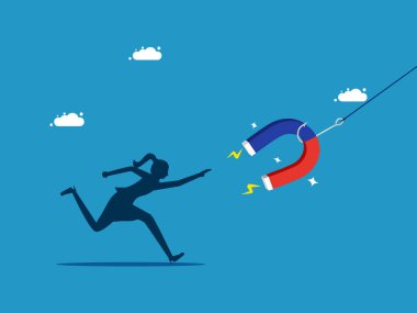 Sahtekarlık. Manyetik yem tarafından kandırılan kadın. vektör 