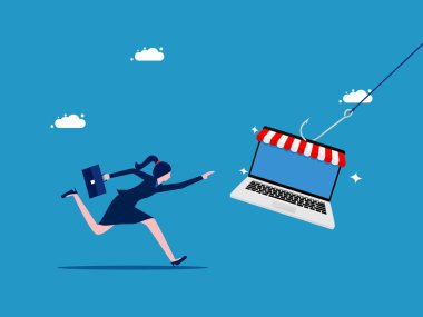 Dolandırıcılık çevrimiçi ürün satıyor. İş kadını internetten alışveriş yapmak için bir dizüstü bilgisayar almaya gitti. vektör illüstrasyonu