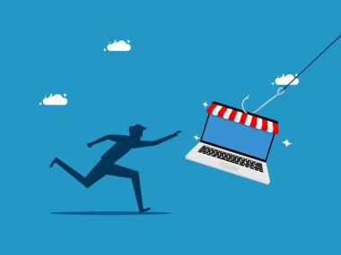 Adam internetten alışveriş yapmak için bir dizüstü bilgisayar almaya koşuyor. vektör illüstrasyonu
