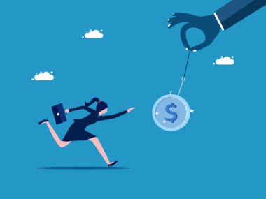 Para dolandırıcılığı. Kadın koşup kurbanın parasını aldı. vektör