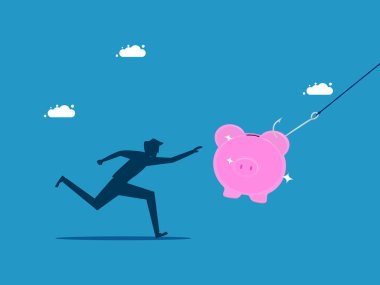 Yatırım dolandırıcılığı. Adam oltaya takılmış bir kumbarayı yakalıyor. Vektör