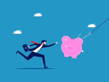 Yatırım dolandırıcılığı. İşadamı oltaya takılmış bir kumbarayı kapar. Vektör