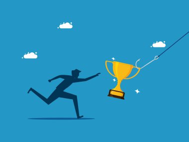 Ödüllerle dolandırıldılar. Adam koşar ve kupayı kancaya takar. vektör