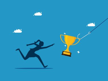 Ödüllerle dolandırıldılar. Kadın koşar ve kupayı kancaya takar. vektör