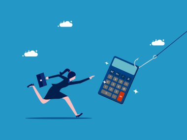 Hesap dolandırıcılığı. İş kadını kancayla hesap makinesini kovalıyor. vektör