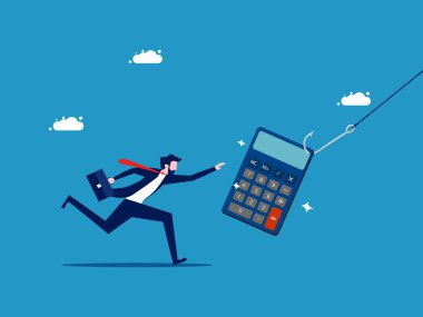 Hesap dolandırıcılığı. İş adamı kancayla hesap makinesini kovalıyor. vektör