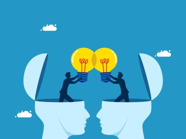 Aynı fikirde olan insanlar. İş adamları ampul fikir vektörünü paylaşıyor