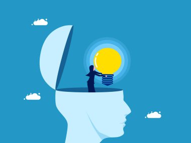 Bilgiyi keşfet. İş kadını ampul vektörü buldu