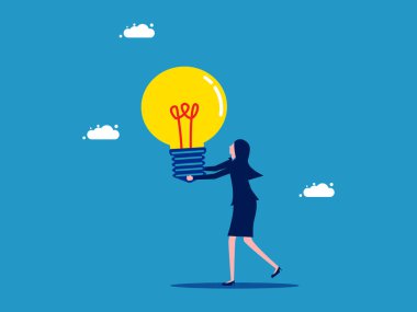 Bilgiyi keşfet. İş kadını ampul vektörü buldu