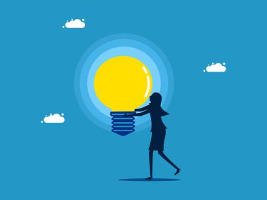 Bilgiyi çoğalt. Elinde büyük bir ampul tutan bir kadın. vektör