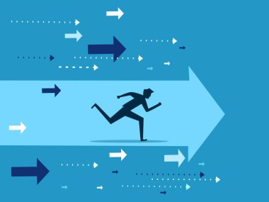 Avans işi. Adam ok yönünde ileriyi göstererek koşuyor. vektör