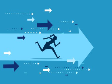 Kadın ok yönünde ileriyi göstererek koşuyor. vektör