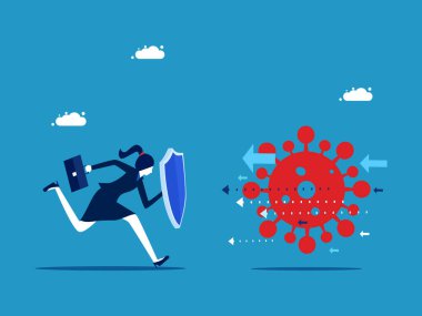 İş kadını hastalık taşıyıcısını önlemek için kalkanla koşuyor