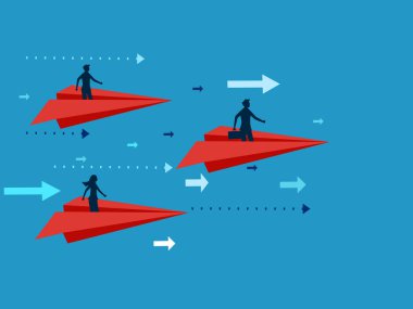 İlerleme lideri. İşadamı, ileriyi gösteren okun yönüne kağıt uçak uçuruyor. vektör