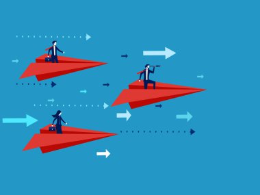 Vizyon liderliği değiştirir. İşadamı kağıttan uçakta teleskop parlatır. vektör