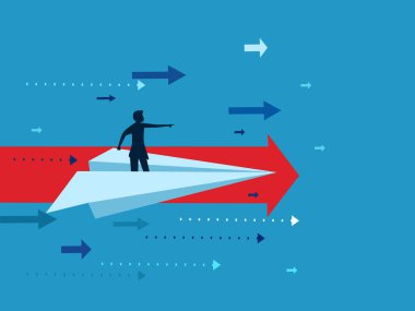 İş başarısı lideri. İşadamı kağıttan bir uçağın yönünü gösteriyor. vektör