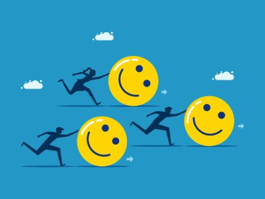 İlerleme ve pozitif ruh hali. İş adamları iyimserliği yönlendirmek için birlikte çalışırlar. vektör