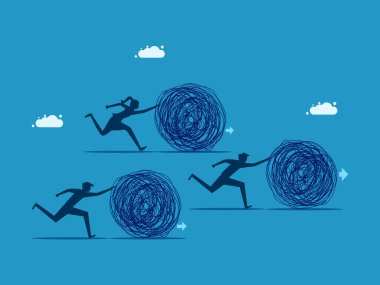 İlerleme için problem çözme. İş adamları kaos sorununu çözmek için birlikte çalışıyorlar. vektör