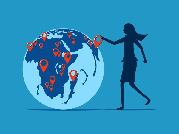 世界中で事業を拡大 女性が枝を支える世界地図です ベクトル — ストックベクタ