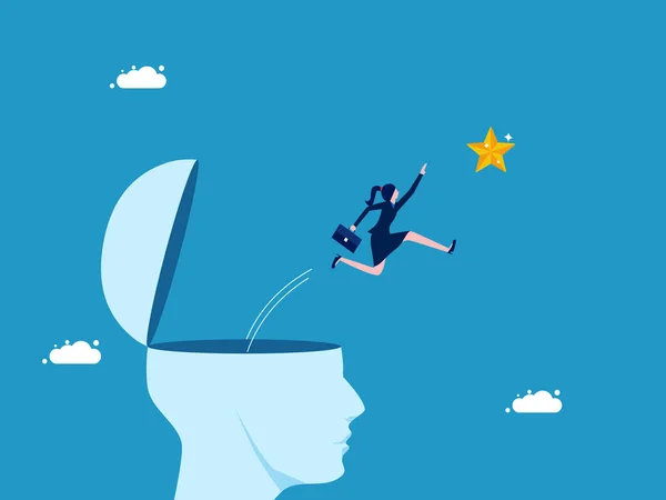 stock vector Thinking for success. Businesswoman jumping out of his head to grab the star. vector