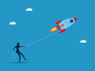 İlerlemeyi engelle. İşadamı roket çekmek için halat kullanıyor.