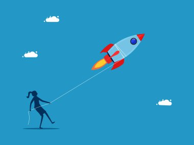 İş büyümesini engeller. Kadın roket çekmek için halat kullanıyor.