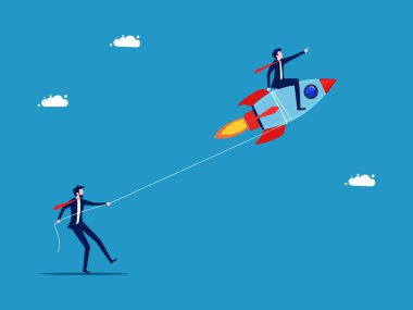 Rakiplerini engelle. İşadamı bir roket vektörünü çekmek için ip kullanıyor.