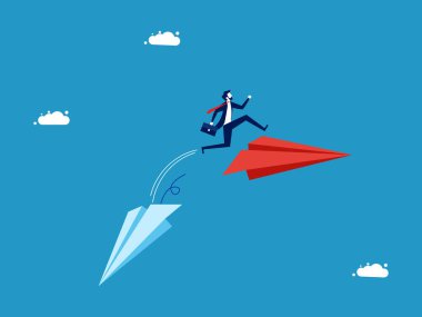 Yeni değişiklikler. Kağıt uçak vektörünü değiştirmek için atlayan iş adamı