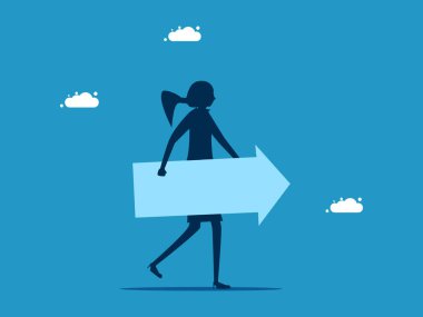 İlerleyin. İş kadını bir ok tutuyor ve vektörü işaret ediyor