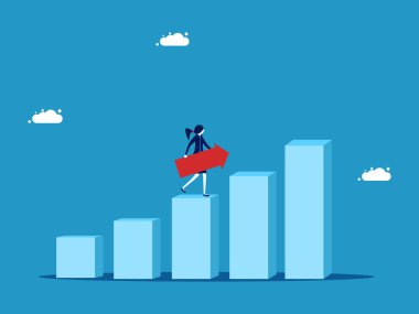 Büyüme aşamaları. Grafik çubuğu vektöründe büyüme oku tutan iş kadını