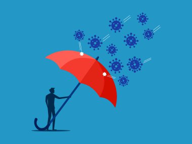 Korunma. İş adamları kendilerini büyük şemsiyelerle kaplayarak korur. vektör