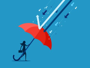 Büyük şemsiyeli iş kadını kriz ok saldırısı vektöründen koruyor