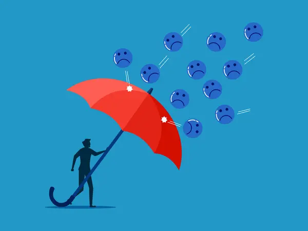 stock vector Control emotions. man protecting himself with big umbrella from negative thoughts vector