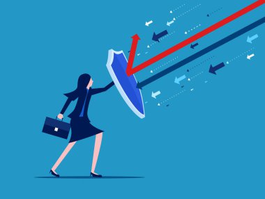 Kriz. İş kadını okla saldırıyı engelliyor. vektör