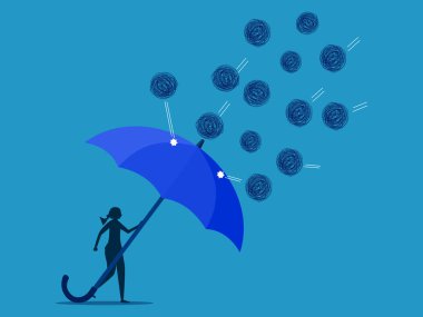 Kaosu önlemek için. Kaotik saldırıları önlemek için şemsiye tutan kadın. vektör