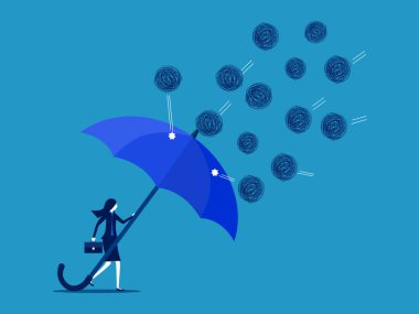 İş sorunlarını önlemek için. İş kadını kaotik saldırıları önlemek için şemsiye tutuyor. vektör