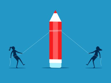 Rakip fikirler. İki iş kadını kalem çekmeye yardım ediyor. vektör illüstrasyonu