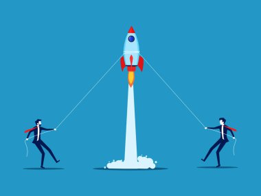 İş rekabeti. İki işadamı roket çekmek için yarışıyor. vektör illüstrasyonu