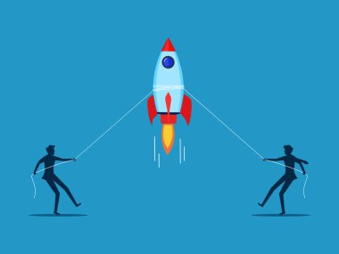 Yenilik yarışması. Roket çekmeye yardım eden iki işadamı. vektör illüstrasyonu
