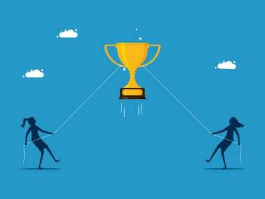 Başarıyı yakala. İş kadınları hep birlikte kupayı çekerler. vektör