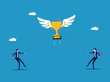 İş başarısını yakalayın. İş adamları hep birlikte kupayı çekerler. vektör