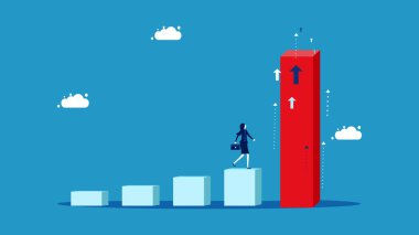 Durdurulamaz büyüme. İş kadını ayakta duruyor ve sürekli artan bar grafik vektörüne bakıyor