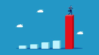 İşadamı ayakta duruyor ve sürekli ve hızla büyüyen çubuk grafiğine bakıyor. vektör