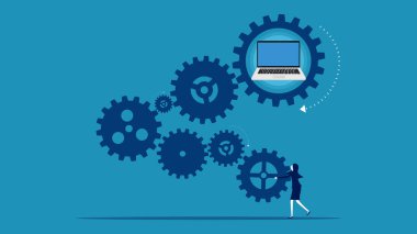 İşletme. İş kadını, dizüstü bilgisayar vektörüne bağlandı