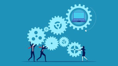 İşletme. İş ekibi dizüstü bilgisayar vektörüne bağlandı