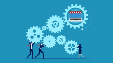 Çevrimiçi iş süreci. İş adamlarından oluşan bir ekip iş viteslerini birbirine bağlıyor. vektör