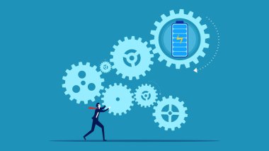 Güç mekanizması. İşadamı dişli mekanizması ve bataryayı bağlıyor. vektör