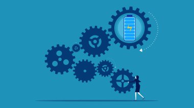 Enerji işi yürütür. İş kadını dişli mekanizması ve bataryayı bağlıyor. vektör